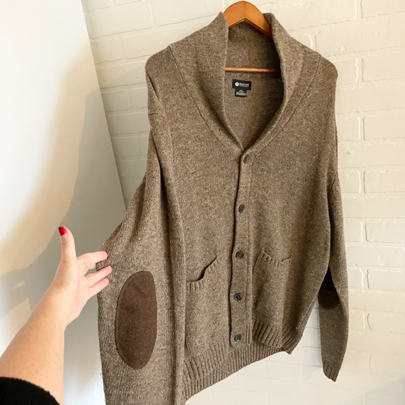 Vintage Men’s Cardigan Shawl collar Kurt Cobain Brown Elbow patches Wool XXL - Picture 7 of 16